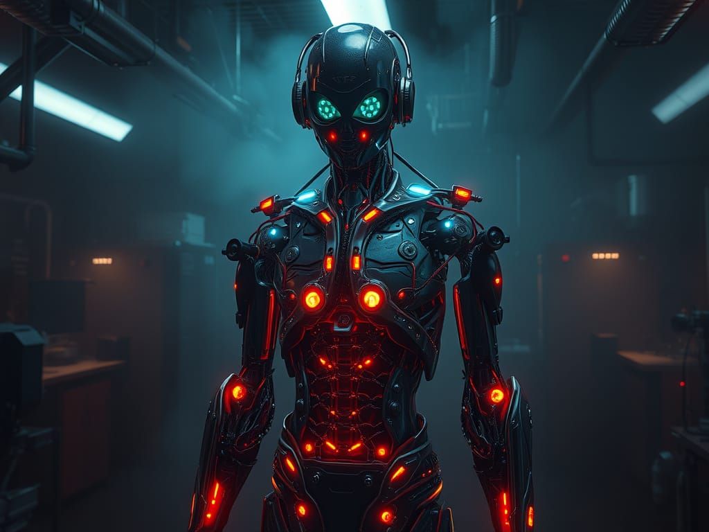 Cyborg in Dimly Lit Biopunk Laboratory