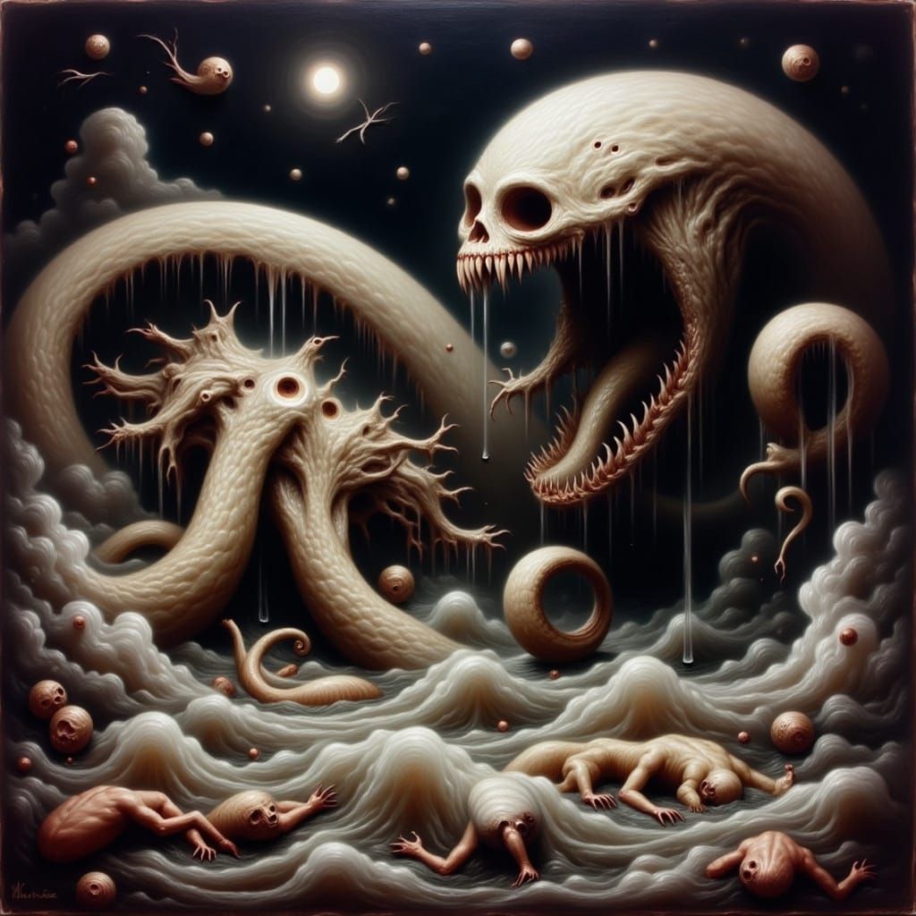 Just a complete lovecraftian nightmare, sfumato, oil painting, dutch masters <lora:Flux Romantic Paint:1.0>