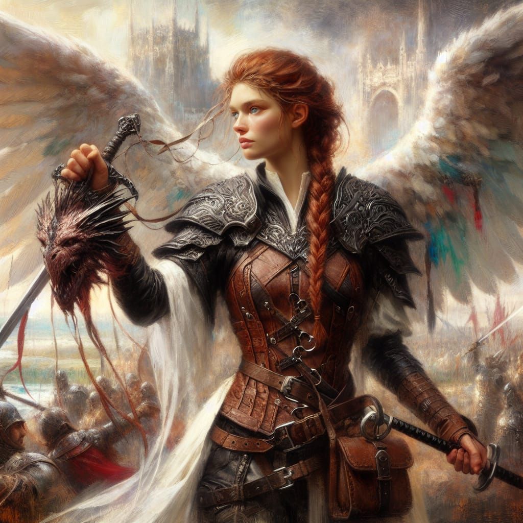 Winged Warrior Woman in Battlefield Fantasy Art