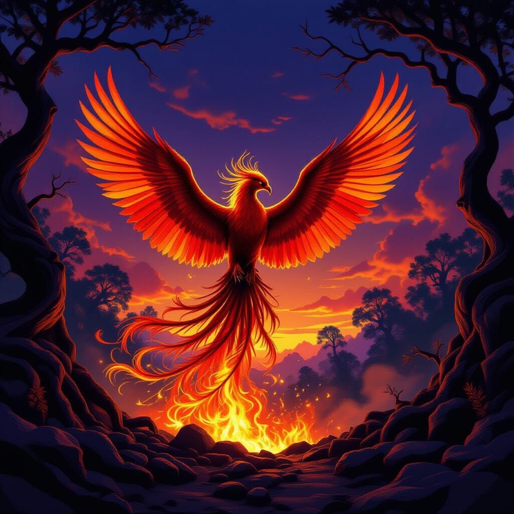 Majestic Phoenix Rises from Ashes in Fantasy Art