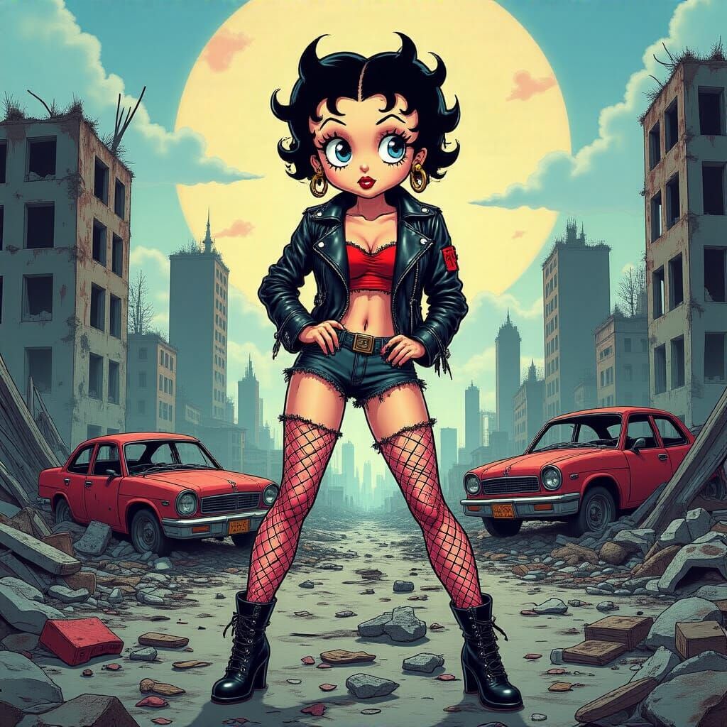 Betty boop in an apocalyptic fallout world. Cartoon cel shaded art