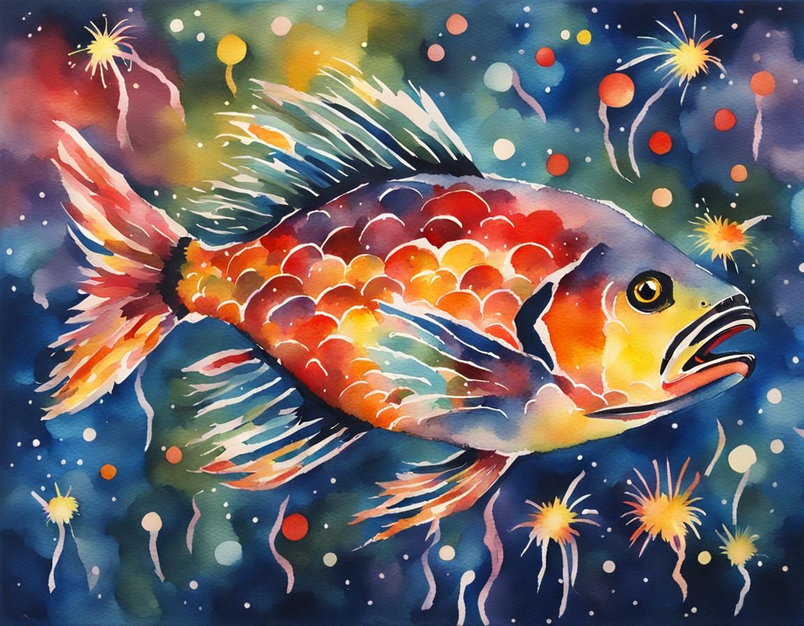 Impressionist Fireworks Fish in Watercolor Style