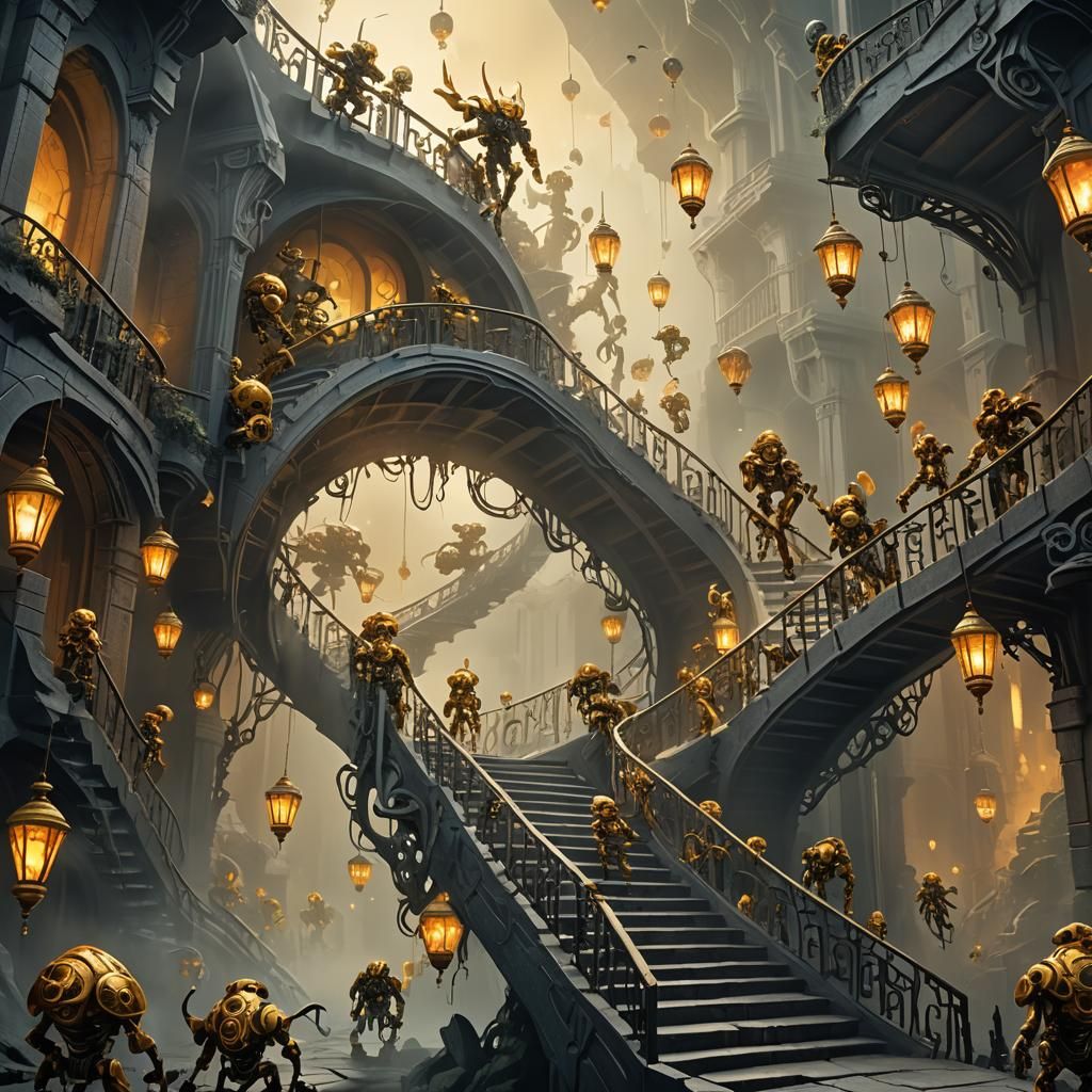Eerie Bionicle Procession on a Winding Staircase