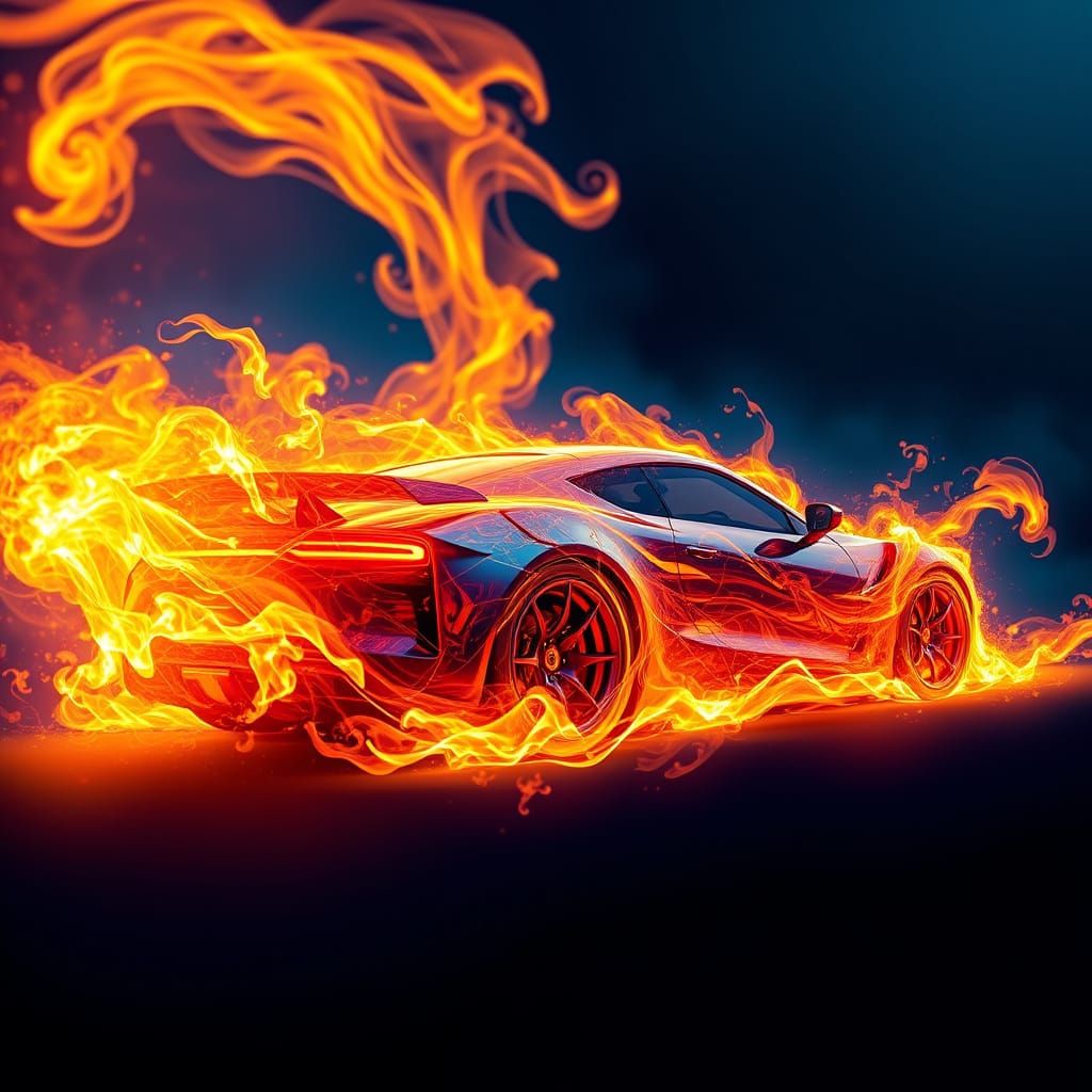 Surreal Fantasy Automobile Engulfed in Swirling Flames