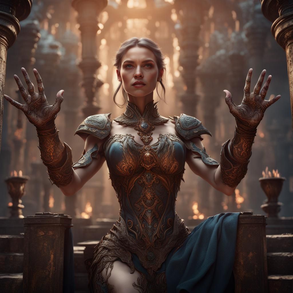 Fantastical Woman with Four Hands: Detailed Matte Painting