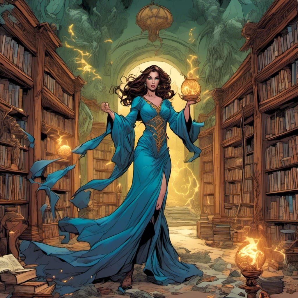 Fantasy Sorceress Casting Spell in Comic Book Style