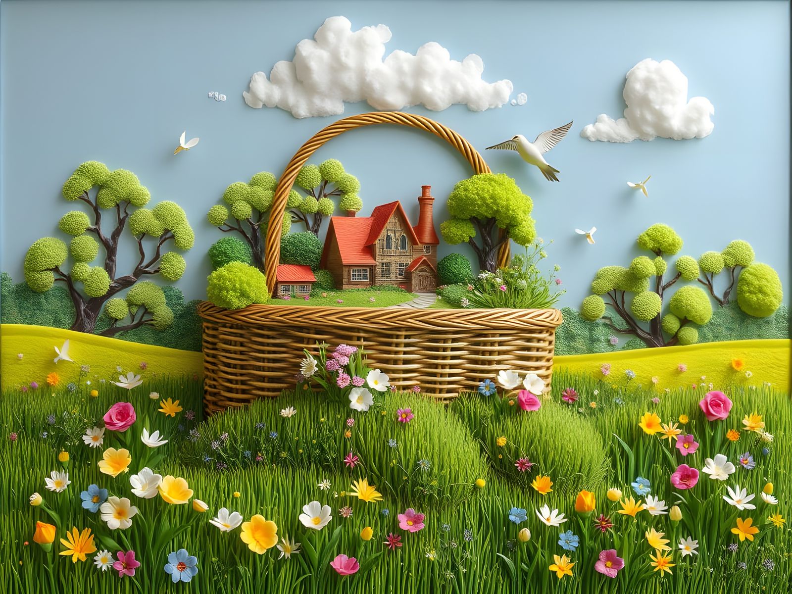 Vibrant Spring Oasis in Whimsical Relief Art