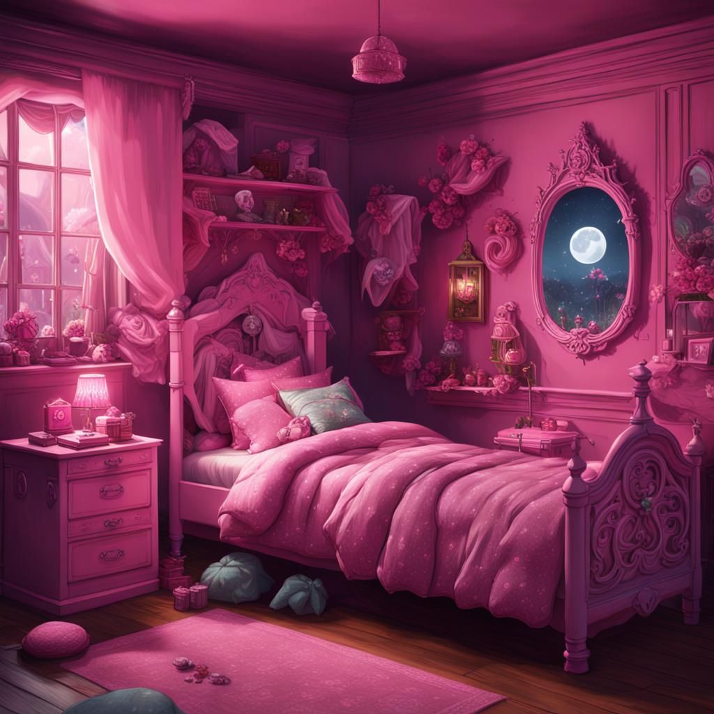 Grim Reaper Sleeps in Pink Bedroom, Detailed Digital Art