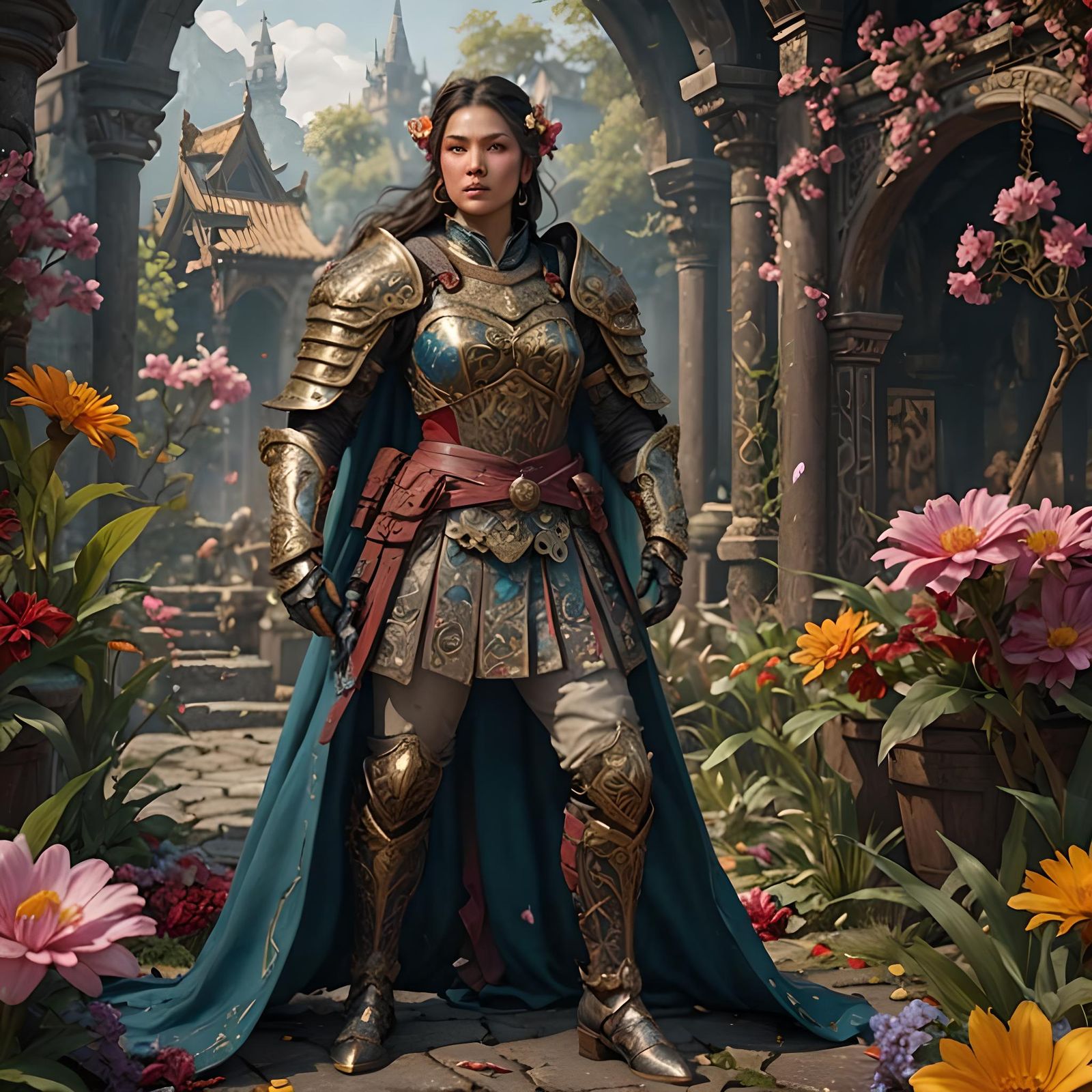 Fantasy Lady Warrior with Flowery Background