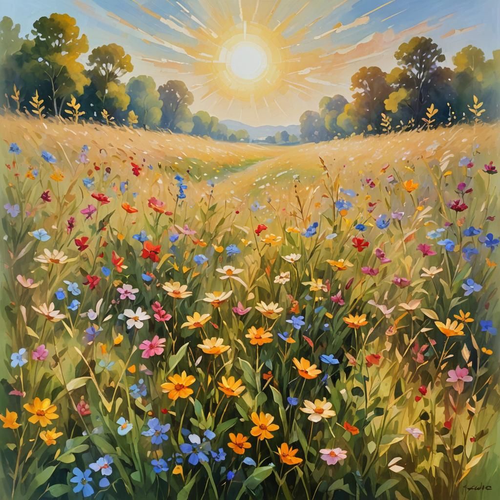 Impressionist Meadow with Golden Leaves and Sunlight