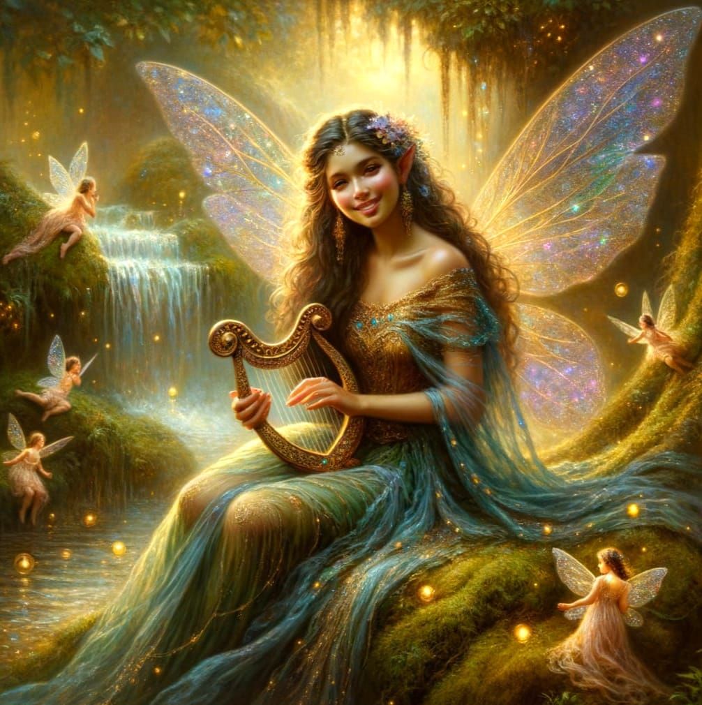 Romantic Fairy in Golden-Ethereal Setting Plays Harp