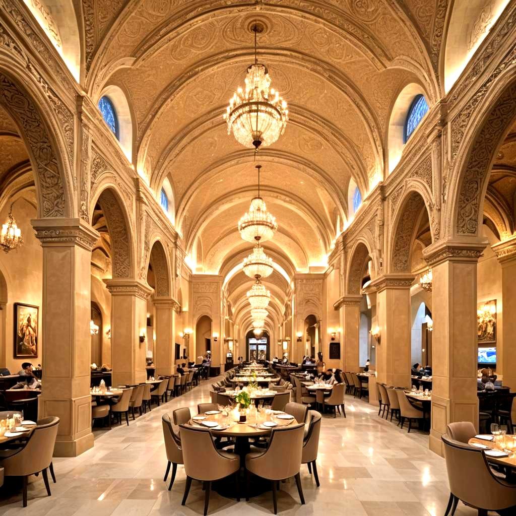 Elegant Restaurant with Arched Hallways and Chandeliers