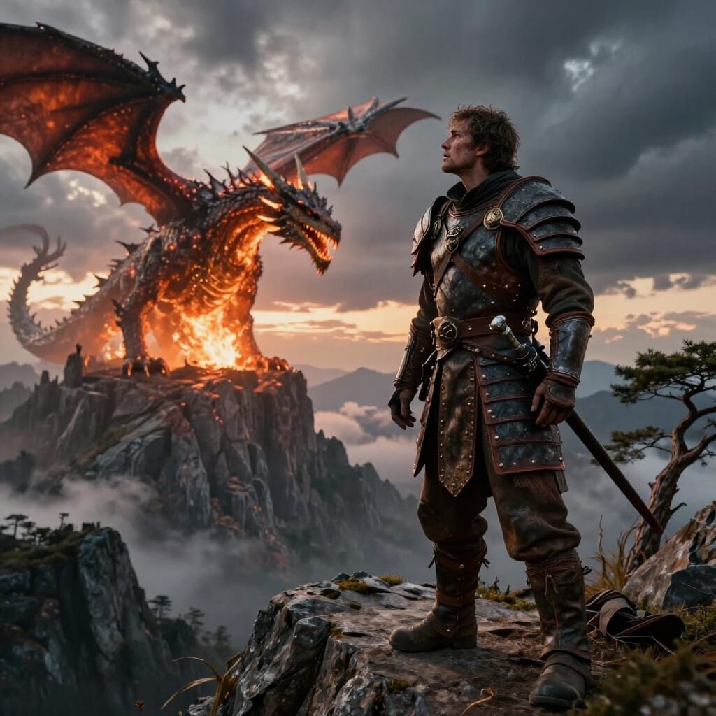 Giant Confronts Colossal Dragon on Mountain Peak
