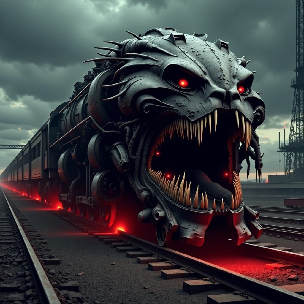 Mechanical Horror Train in Dystopian Industrial Ruin