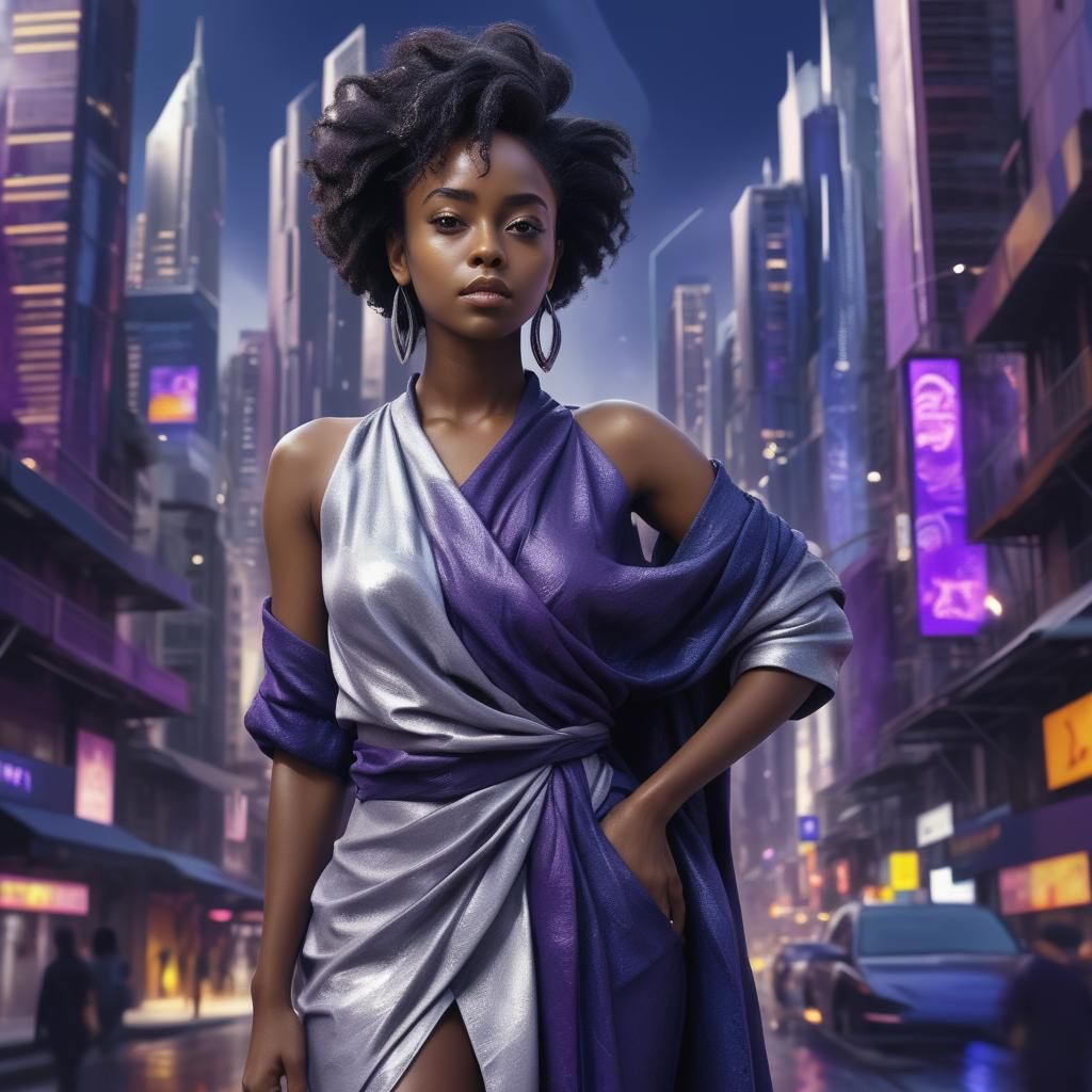 Ebony Woman in Abstract Cityscape, PlayStation-Era CGI