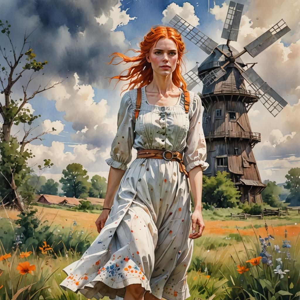 Woman in Meadow with Windmill, Watercolor Style