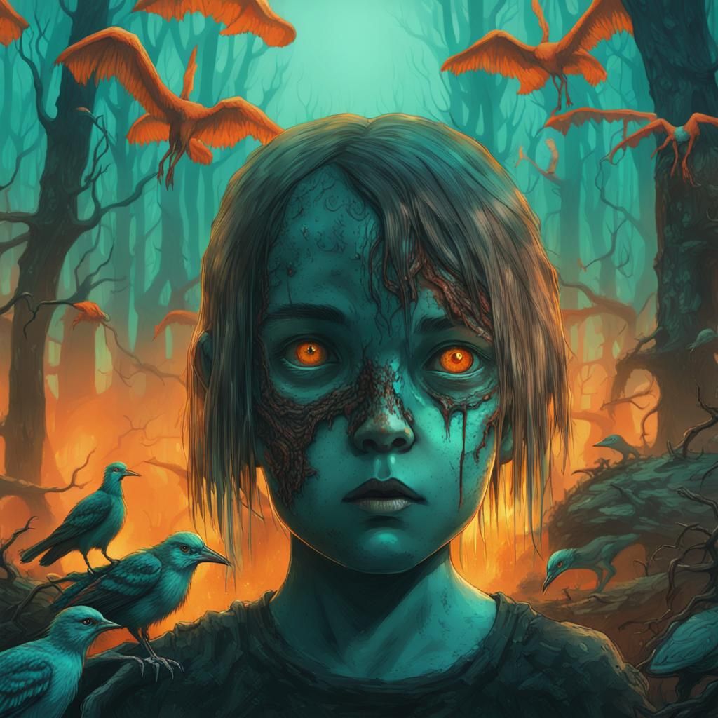 Eerie Girl in Ravaged Forest, Dark Fantasy Art