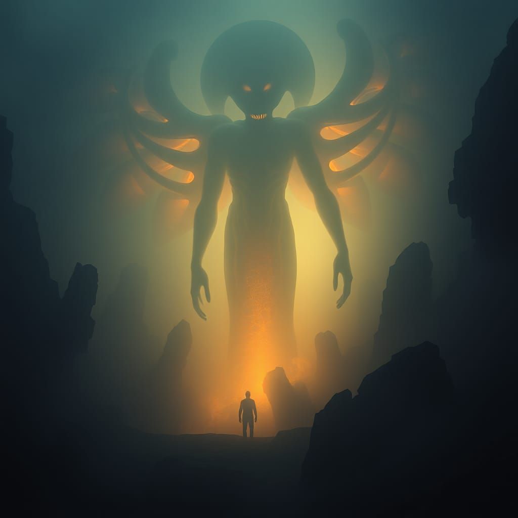 Ethereal Entity Radiating Light in Dark Landscape