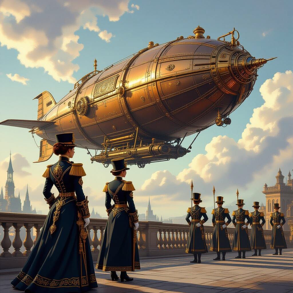 Steampunk Zeppelin Guarded by Victorian Soldiers