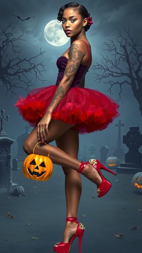 African American Woman in Red Tutu in Foggy Cemetery at Nigh...