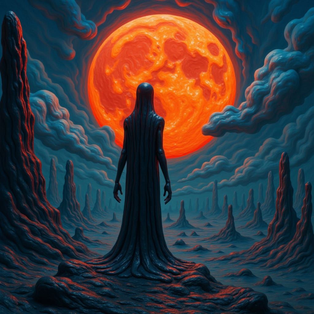 Spectral Empress on Obsidian Throne in Alien Cityscape