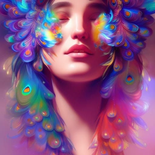 Rainbow Peacock Portrait in Hyperdetailed Style