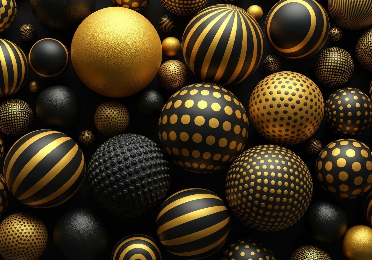 Matte Spheres with Gold and Black Patterns in Psychedelic St...