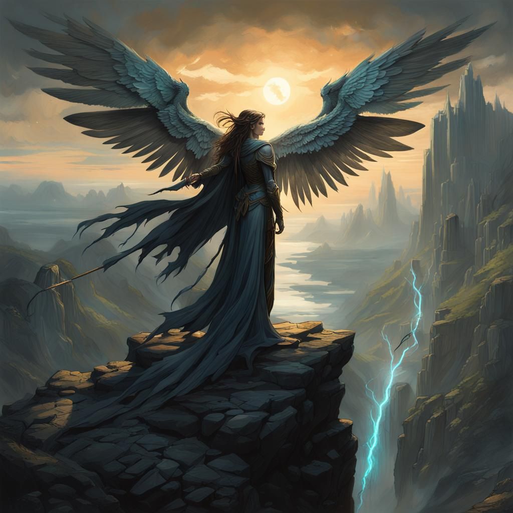 Winged Sorceress Overlooks Mystical Landscape