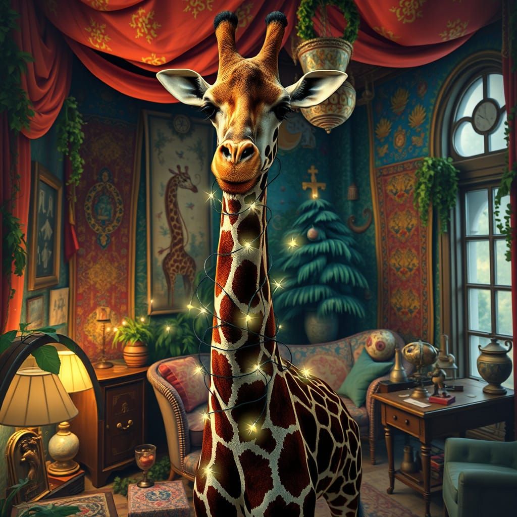 Whimsical Giraffe in Tim Burton-Inspired Bohemian Dreamscape