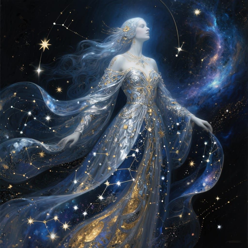 Celestial Goddess in Constellation Gown with Cosmic Dust