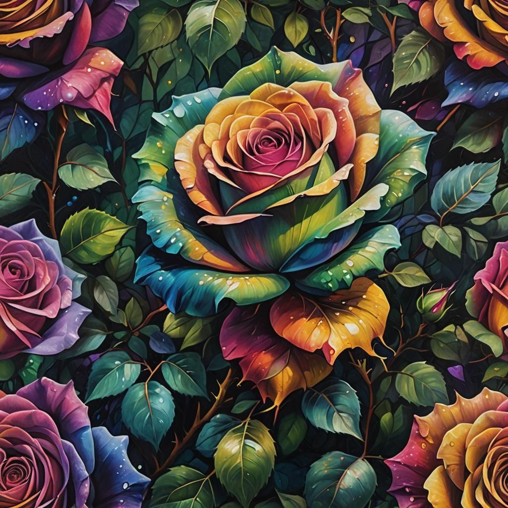 Rainbow Rose in Mystical Garden as Oil Painting