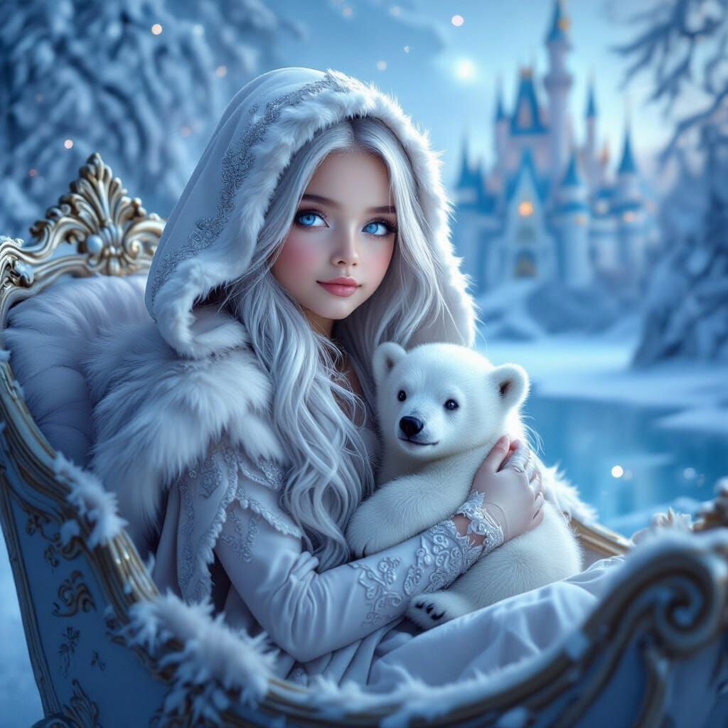 Enchanting Girl with Silver Hair and Polar Bear in Ornate Sl...