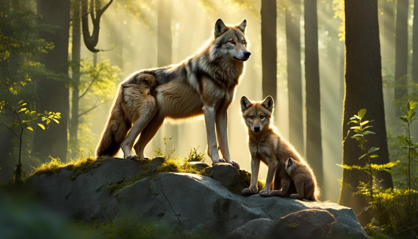 Golden-Eyed She-Wolf and Cub in Forest Clearing