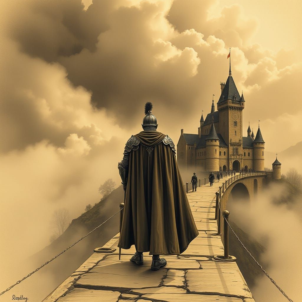 A 18th Century Knight Stands at the Edge of a Worn Bridge, G...