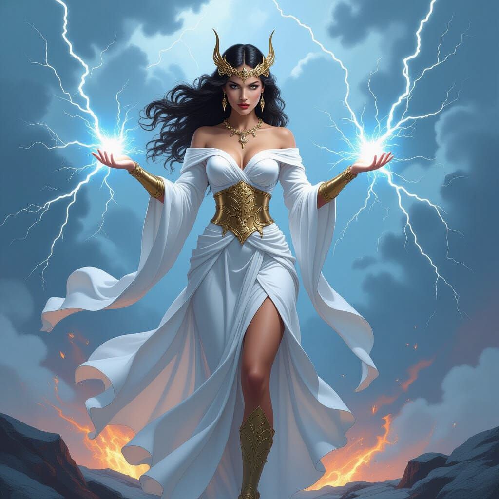 Goddess of Lightning Wields Bolts in Stormy Sky