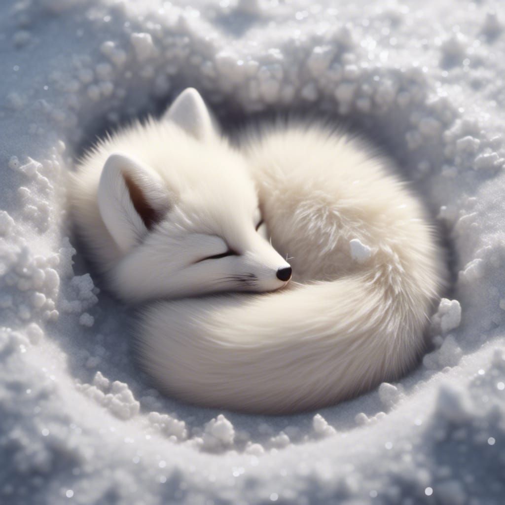 Arctic fox sleeping curled up in the snow