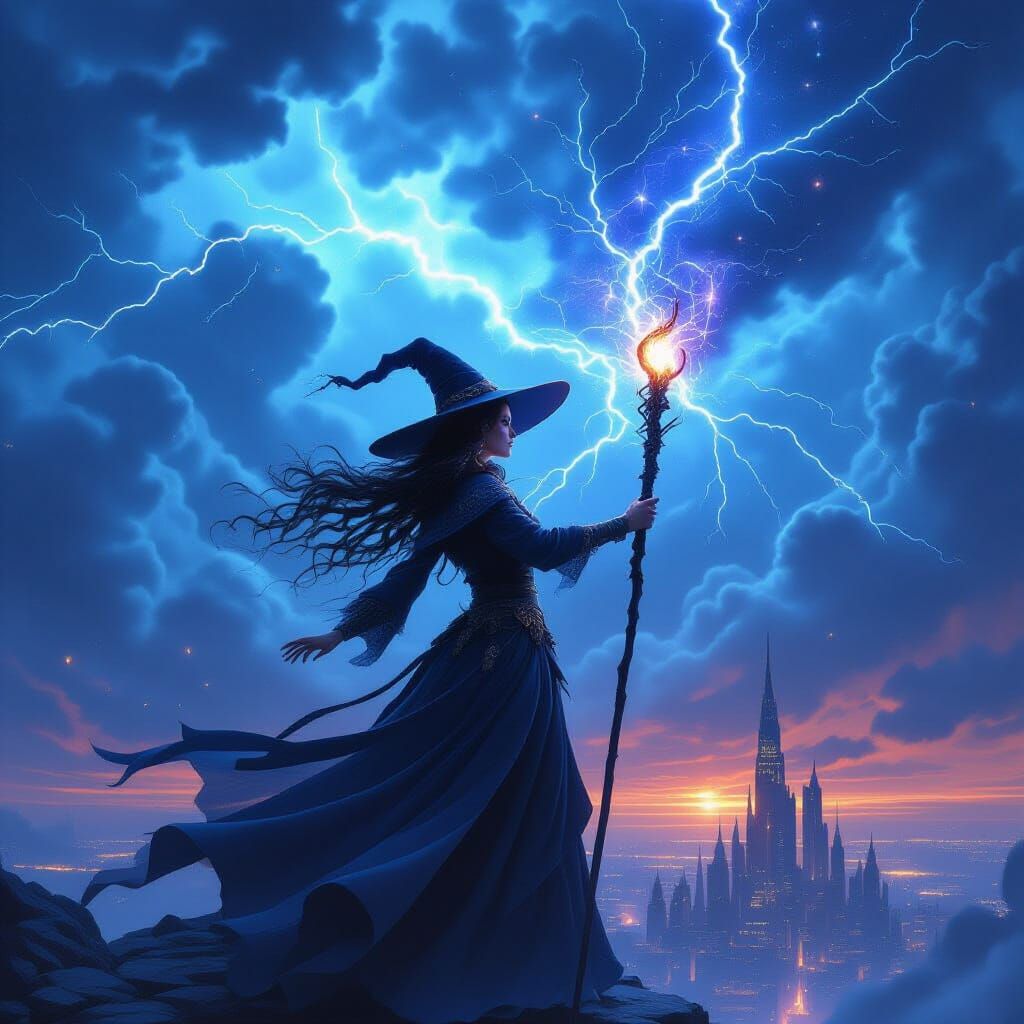 Witch Conjures Celestial Storm Over Futuristic City