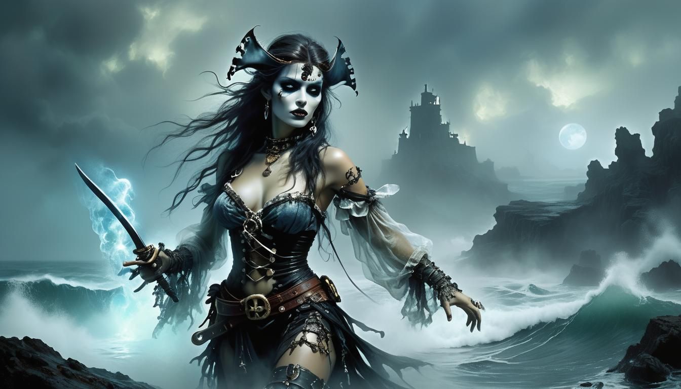 Ethereal Vampire Pirate Woman in Hyperrealistic Style