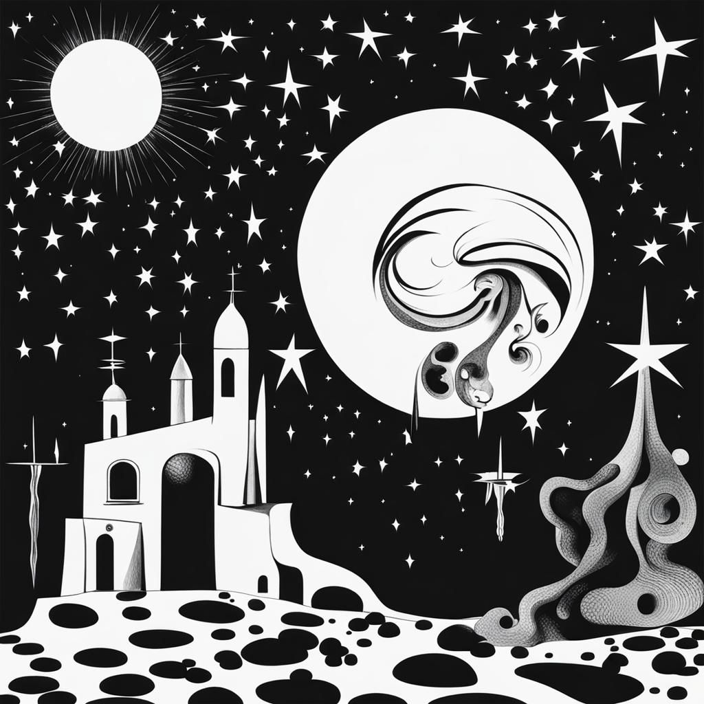 Starry Night in Salvador Dali Style: Black and White