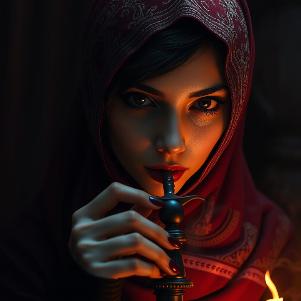 Gothic Muslim Woman Puffs on Shisha Amidst Dark Fantasy