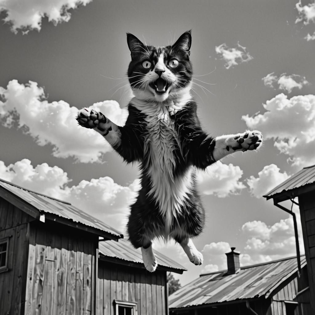 Black and White Cat Leaping From Hot Roof