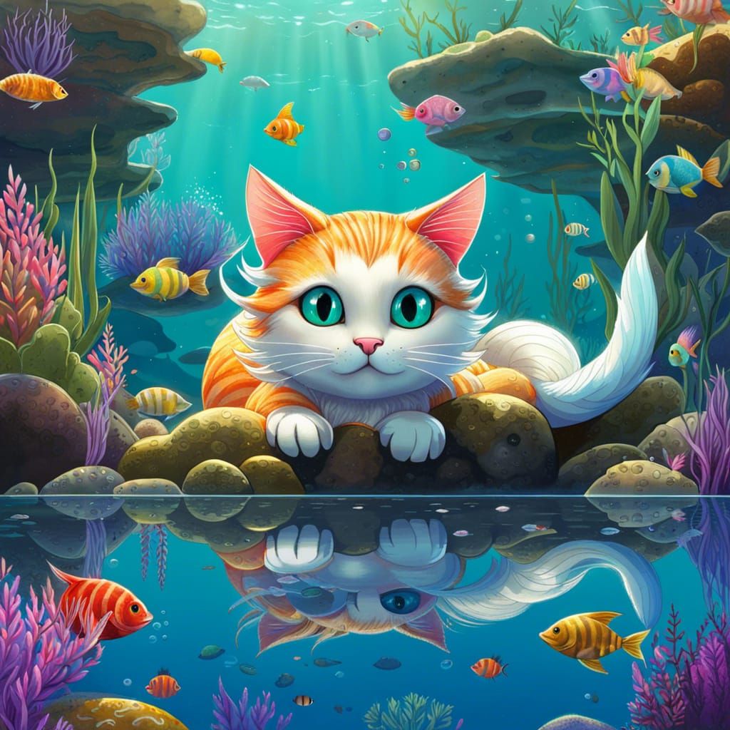 Cute Mermaid Cat Swimming Near Shore: Digital Illustration