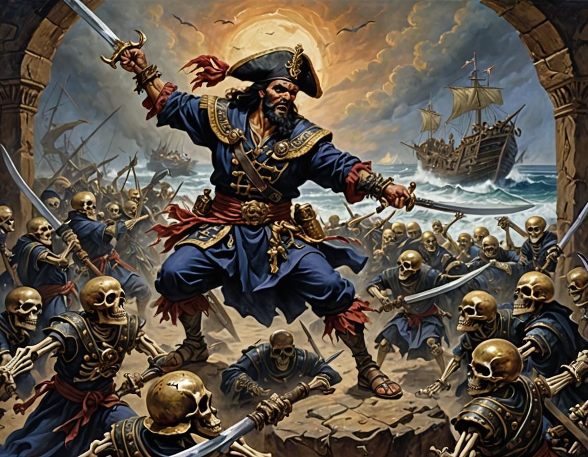 An oil painting of Sinbad the sailor fighting skeleton warri...