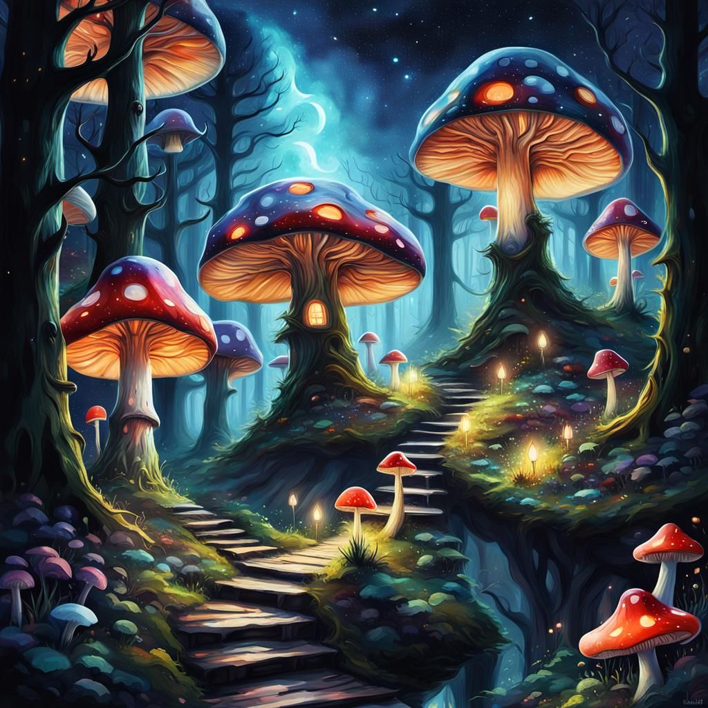 Glowing Mushroom Village on Forest Path