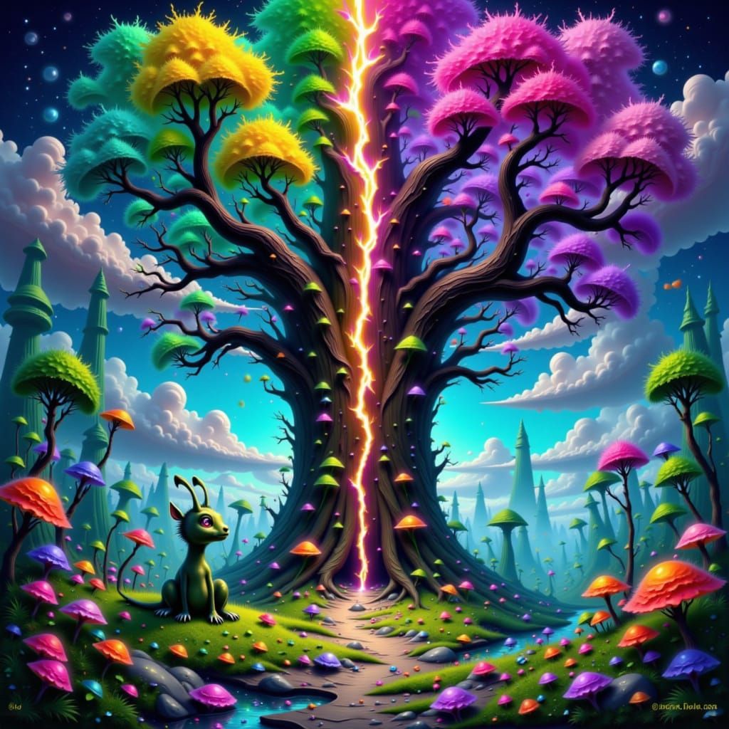 Fantastical Landscape with Moss Critter and Tiger-Wolf