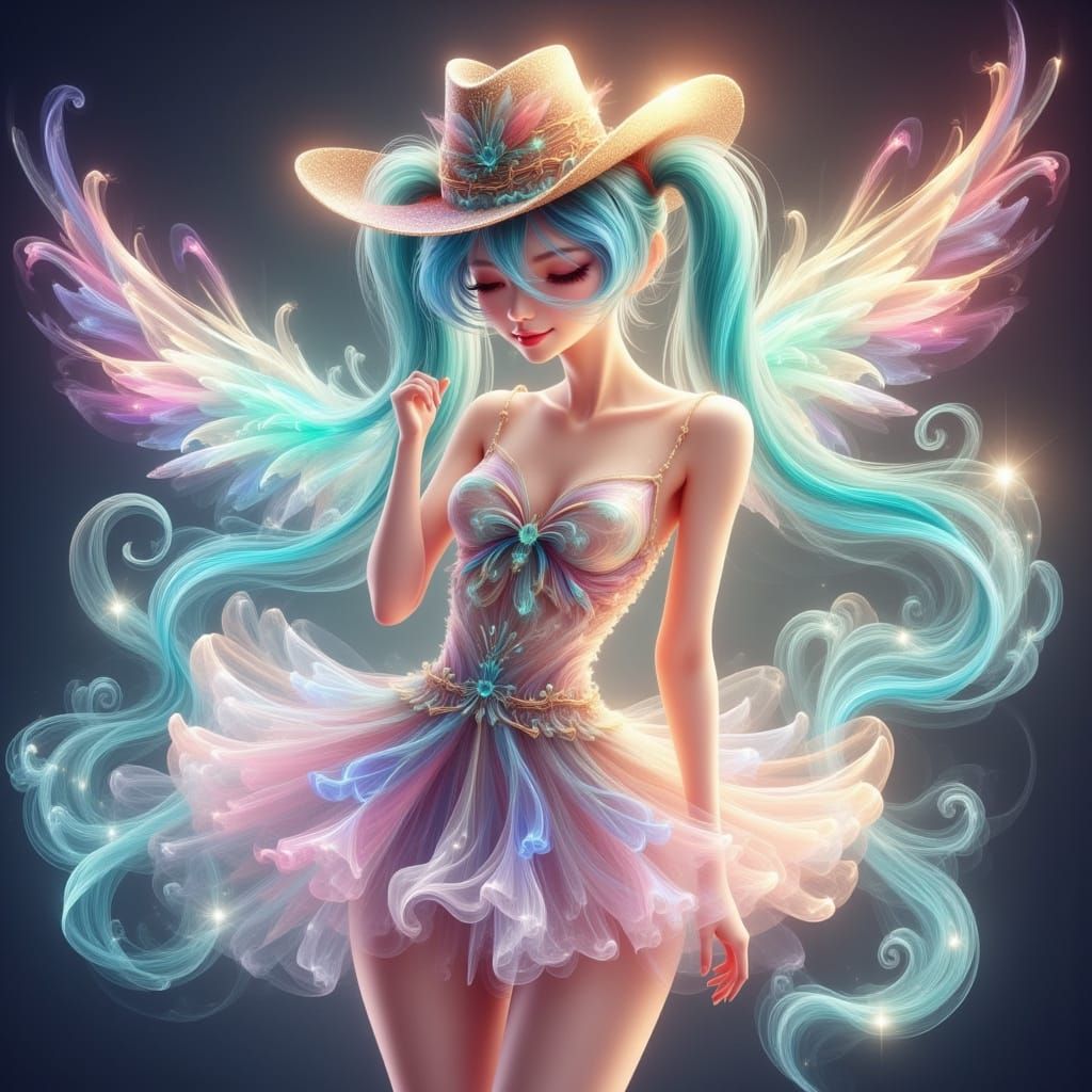 Hatsune Miku in Iridescent Cowboy Hat with Ethereal Wings