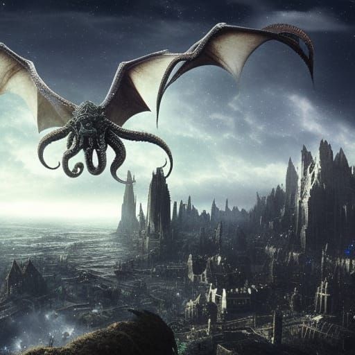 Cthulhu Rises from Ruins Under Starry Sky