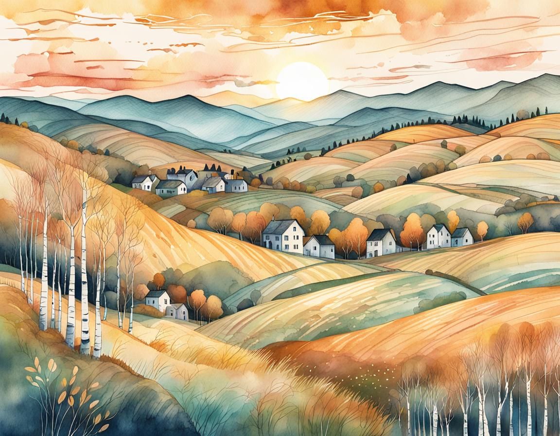 Whimsical Birch Tree Landscape in Watercolor Style