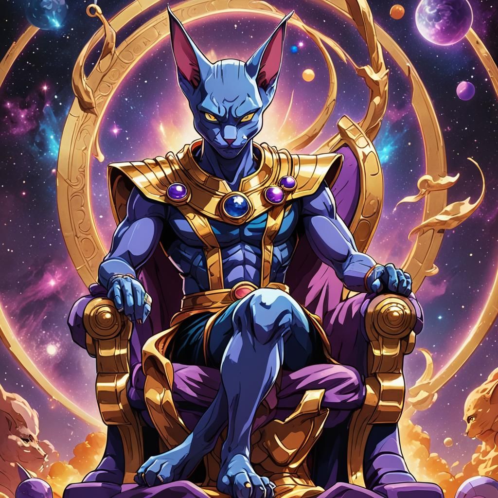 Beerus and Sphynx Cat on Cosmic Throne