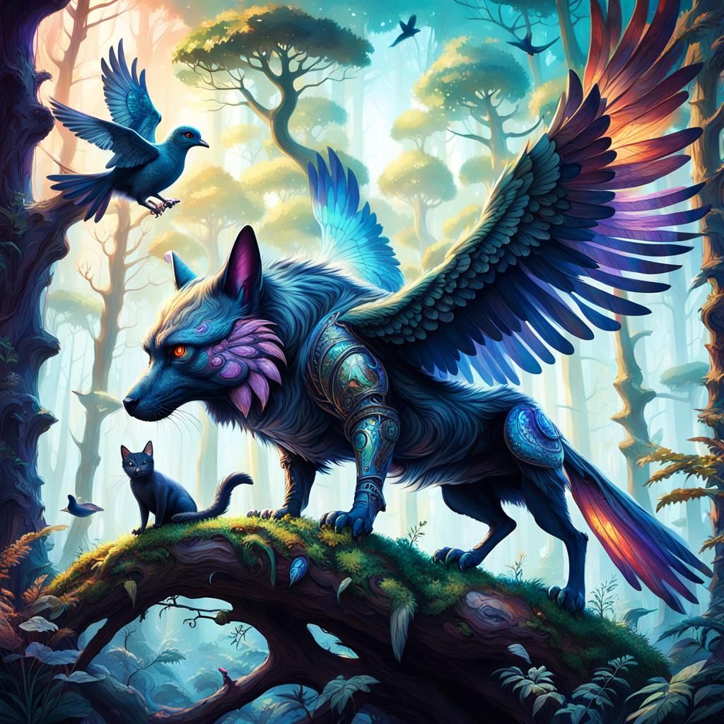Mystical Forest Beast with Feline, Canine, and Avian Traits